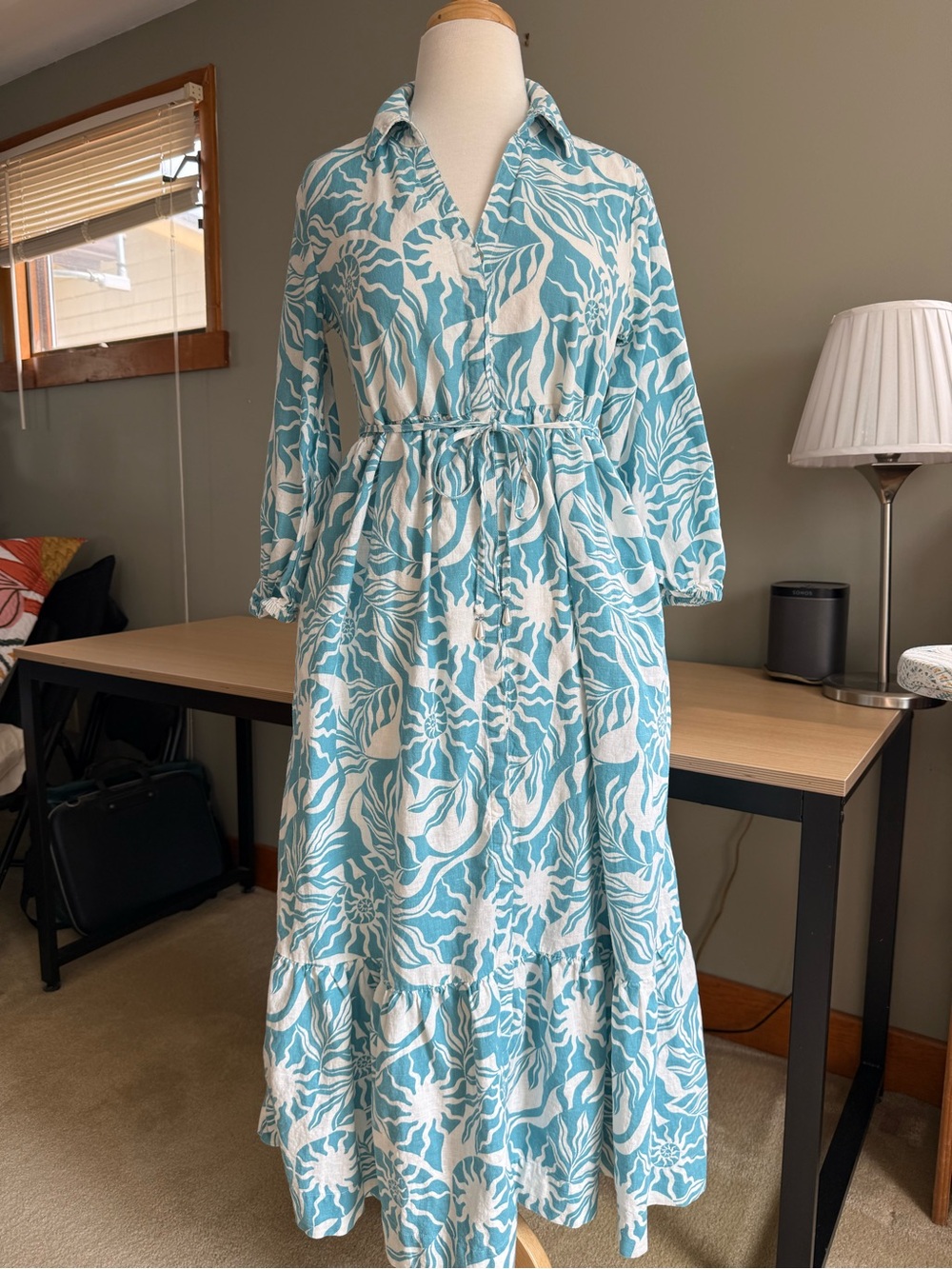 Nicole Miller New York Linen Blend Floral Maxi Shirt Dress Blue XS - Picture 2 of 15
